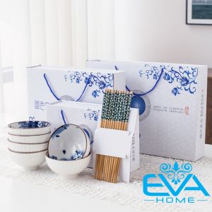 Bộ 6 Chén Sứ Tráng Men Thanh Hoa Hoạ Tiết Hoa Thiên Hương Trang Nhã Tặng Kèm 6 Đôi Đũa Tre Cao Cấp
