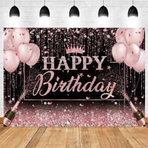 Black Pink Adult Birthday Background Banner Gold Glitter Balloon Party Decor Family Portrait Photography Backdrop Birthday Decor