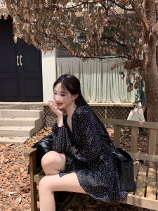 Black Polka Dot Long Sleeve Shirt Dress Women Winter New V Neck Short Skirt a Line Skirt Casual Style Waist Shaped GGG2814