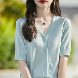 YUEXINYIRONG | Elegant Style V-neck Short Sleeve Knit Cardigan