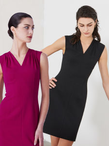 Elegant V-neck Midi Dress in Raspberry Color for Women High Waist Acetate Fabric Casual Office Wear Stylish Simple Design