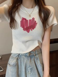 White Ice Silk Knitted Short Sleeve T-Shirt Womens Summer Slim Fit Half Sleeve Short Style Top Korean Version Printed Design