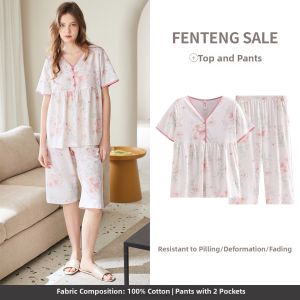 FENTENG | Soft Cotton Lightweight Summer V-Neck Short Sleeve Sweet Maternity Sleepwear