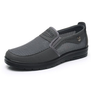 Beijing Mens Cloth Shoes Breathable Anti-slip Net Shoes Summer Elderly Mens Footwear Slip-on round Toe Flat Heel PU Outsole