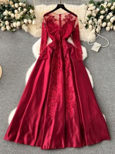 Elegant Red Long Sleeve Embroidered Mesh Dress Luxury Sensation High Waist A-Line Midi Dress for Toasts And Special Occasions