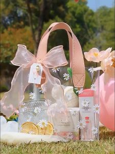 Tas Mika PVC Motif Bunga Daisy | Totebag Souvenir Transparan | Goodiebag Gift Bag Handle Leather Mika