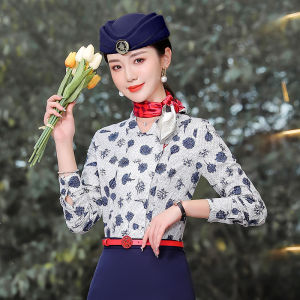 Blue and White Porcelain Shirt China Eastern Airlines Stewardess Uniform Business Wear Beautician Makeup Hotel Receptionist Uniform Sales Work Clothes