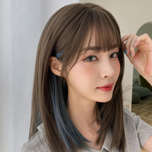 Hair Extension Human Hair Washable Black Long Straight Wig Blue Bangs Dyed Wig Synthetic Heat Resistant Full Wig Natural Realistic Wig for Women