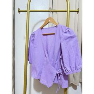 MjBella Fashion Mara Linen  Overlap Wrap Puff Sleeve Blouse