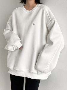 สีขาว โอเวอร์ไซส์ เสื้อสเว็ตเชิ้ต ผู้หญิง ฤดูใบไม้ผลิ ฤดูใบไม้ร่วง Thin American Retro หลวม BF Lazy Style Round Neck Long Sleeve เสื้อท่อนบน