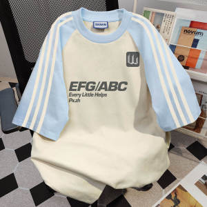 Pure Cotton American Splice Color Block Short Sleeve T-Shirt Womens Loose Three Bars Print Couple Tops Summer New Style