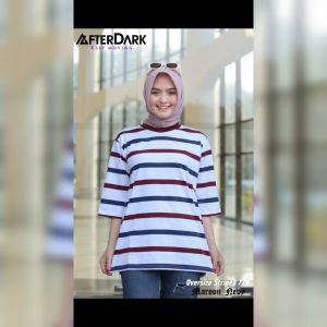 Kaos Salur Wanita Oversize Garis Stripe Katun Baju Basic Oversize Belang Terlaris Marun