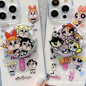 Fun Ins Style Cartoon Cute The Powerpuff Girls Bubble Fur Flower MagSafe Magnetic Suction Cellphone Airbag Support Foldable Telescopic Rotate Air Cushion Ring Adsorption Type Binge-watching Supporting Seat