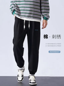 Black Casual Sports Pants for Men Loose Fit Autumn Winter Style Elastic Waist Cotton Polyester Blend Anti-Wrinkle Youthful