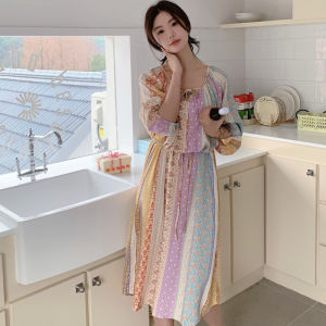 Extra Long 135cm Cotton Silk Dress Ankle Length Womens Summer New Holiday Ultra Long Seven Sleeve Dresses Floral Print round Neck