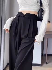 Elegant High-end French Design Chinese Style Retro Tapered Suit Wide Leg Pants