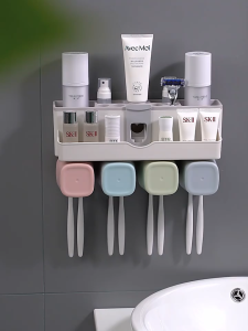 เครื่องบีบยาสีฟันอัตโนมัติ 3in1 ชุดแก้ว 3 ใบ ติดผนังแบบไม่ต้องเจาะ (TBB001)