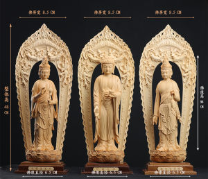 Gautama Guan Yin Statue - Set of Three Exquisite Wooden Buddha Statues Handcrafted Kuan Yin Temple Figures Perfect for Buddhist Prayers at Home Symbolizing Compassion Enlightenment and Spiritual Protection Ideal for Feng Shui Home Decor
