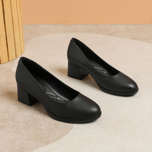 Comfortable Black Leather Work Shoes for Women with Thick Heels Suitable for Long Hours of Standing Interviews And Air Stewardess Jobs