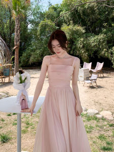 ชุดเดรสสายเดี่ยวสไตล์ฝรั่งเศส ฤดูร้อน 2025 Pure Desire ชุดนางฟ้าสีชมพูหรูหรา แขนกุด คอวี กระโปรงทรงเอ ชุดเดรสผู้หญิง