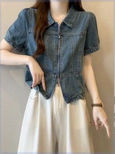 Retro Denim Shirt Cardigan Summer Short Design Sensation Niche Casual Zipper Jacket Trendy Womens Fashion Outerwear