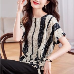 WANGGONGZHU | Elegant Striped Short Sleeve Shirt Womens Summer 2025 New Waist-Cinching Print Belt Design Korean Style Loose Fit Top