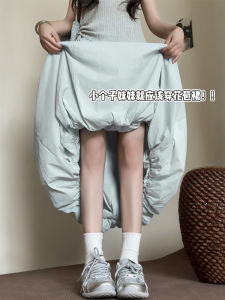 Váy Chữ a Cạp Cao Bằng Lụa Băng Màu Xanh Lam Mùa Hè Mỏng Váy Dài Vừa Phải Váy Chữ a Bó Sát Váy Xếp Nếp Váy Chữ a