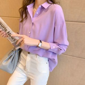 Womens Shirt Spring and Autumn Loose Solid Color Shirt Korean Casual Style Button Long-sleeved Shirt Blouse