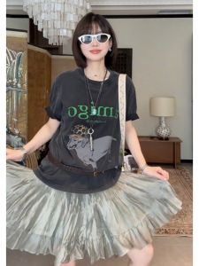 YUEZHONGWEI | Retro Americana Letter Print Slimming Loose Fitting T-Shirt