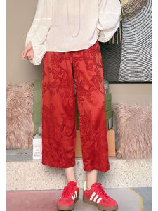 กางเกงขายาวทรงตรงเอวสูงผ้าซาตินลายดอกไม้สีแดงสำหรับผู้หญิงไซส์ใหญ่ฤดูใบไม้ร่วงปี 2025 กางเกงขายาวทรงหลวมสไตล์จีนใหม่