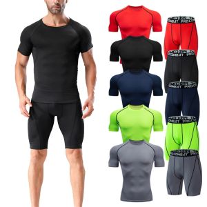 2pcs Mens Compression Sportswear Suit Gym Tight Yoga Sets Workout Jogging MMA Fitness Sports shirt+Shorts Tracksuit Running Set