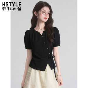 HSTYLE | Áo Thun Đen Không Quy tắc Có Dây Buộc eo