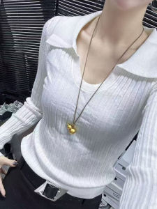 Korean Style Polo Collar Striped Long Sleeve Knitted Sweater Womens Slim Fit Fashionable Autumn New Arrival Top Trendy