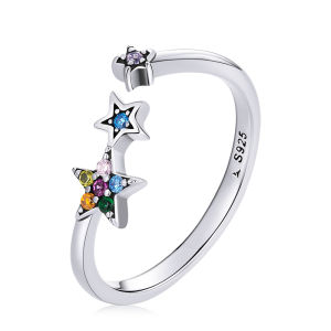 BAMOER 925 Sterling Silver Adjustable Rainbow Colorful Star Ring For Women Free size Ring Fashion Jewelry SCR769