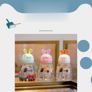 Satu Keluarga Botol Minum Anak 550ML Motif Kelinci C829 Tempat Minum Anak dengan Sedotan Anti Tumpah / Botol Air Minum Anak Bunny Tali Panjang Anti Pecah