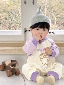 ชุดเดรสแขนยาวคอกลมลายการ์ตูนสำหรับเด็กแรกเกิด ชุดอยู่บ้าน ชุดเดินเล่นกลางแจ้ง ชุดเด็ก ชุดเดรสผ้าฝ้ายผสมโพลีเอสเตอร์