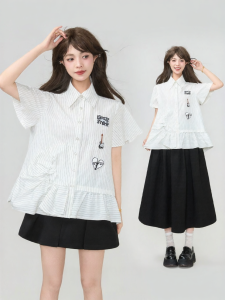 KEIKO | Sweet and Cool Style Pleated Ruffled Vertical Striped Summer Short Sleeve Shirt