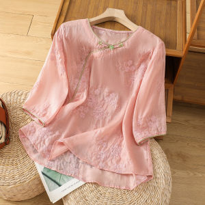 Elegant Embroidered Cotton Linen Shirt Womens Summer Slim Fit Overhead Tea Costume Top Chinese Style round Neck Seven Sleeve