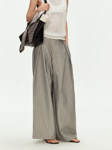Pleated Drapey Stripe Loose Straight Trousers