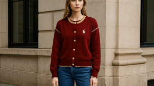 Cardigan Rajut  Bordir Horse Lengan Balon Motif Simpel Knitwear Wanita - Bahan Halus