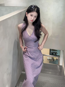 QINWEIYU | Váy dài cổ chữ A màu tím thanh lịch cho nữ mùa hè 2025 Váy midi chữ A không tay cổ chữ V váy midi chữ A