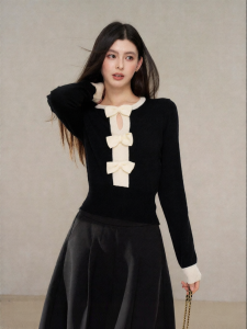 YIKEXIAOYEMEI | Áo Sweater Ôm Dáng Kết Hợp Màu Nơ Bướm