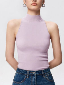 French Style Half-High Neck Knitted Vest Top Womens Inner Wear Summer Outerwear Slim Fit Lightweight Armless Top