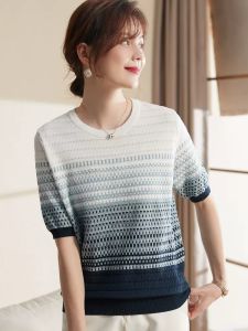 LUCKIN STORE Áo Len Dệt Kim Ngắn Tay Cho Nữ Áo Phông Ghép Nối Mùa Hè Mới 2025