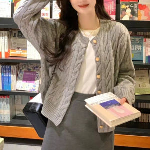 Áo Cardigan Nữ Cổ Tròn Dài Tay Cổ Điển Áo Len Dệt Kim Màu Xám Len Pha Cao Cấp Co Giãn Thời Trang Mùa Thu Thanh Lịch Hàng Đầu