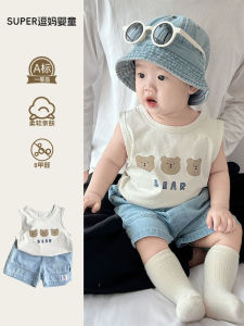 Cute Baby Outfit Summer Cartoon Sleeveless Top And Denim Shorts Two-Piece Set for 6-Month-Old Babies Boys Korean Style Cotton Polyester Blend