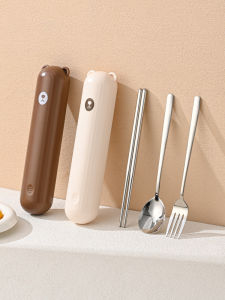 Portable Cartoon Bear Stainless Steel 304 Outdoor Dining Utensil Set Chopsticks Spoon Storage Box Student Picnic Tableware