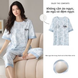 MiiOW | Bộ đồ ngủ cotton mùa hè cho nữ Áo chui đầu cổ tròn in họa tiết hoa Quần dài đến mắt cá chân Mềm mại thoáng khí Dễ mặc ở nhà