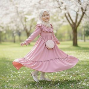 HQQKIDS BAJU GAMIS ANAK PEREMPUAN SET HIJAB RUFFLE DADA USIA 2-12 TAHUN