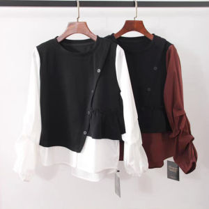 Loose Long Sleeve Pleated Vest Fake Two-Piece Top Large Size Women Casual Wear Button Detail Korean Style Cotton Blend